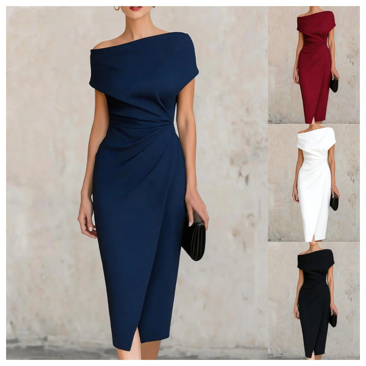 Vestido midi asimétrico · un hombro y drapeado