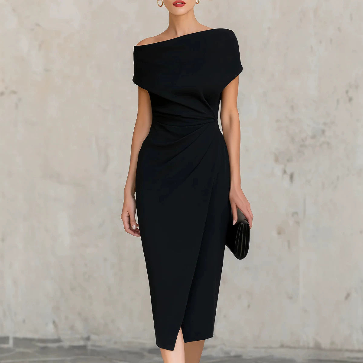 Vestido midi asimétrico · un hombro y drapeado