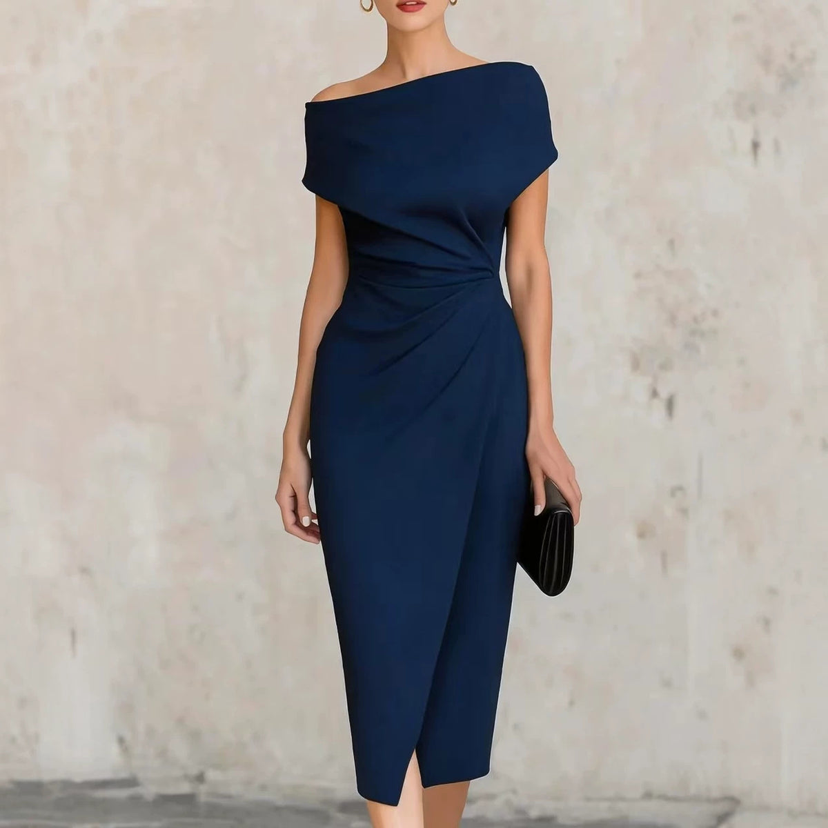 Vestido midi asimétrico · un hombro y drapeado