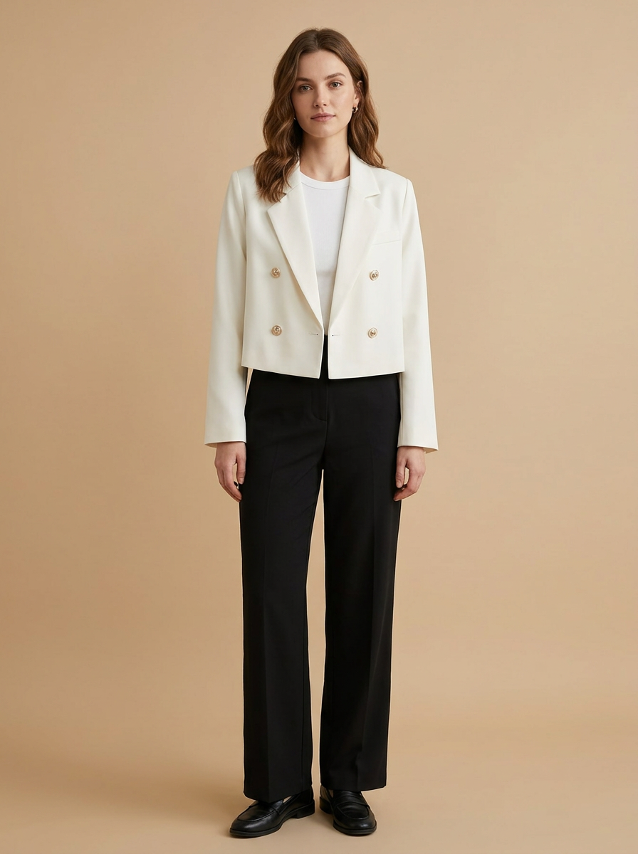 Blazer corto cruzado · botones dorados · imagen generada con IA