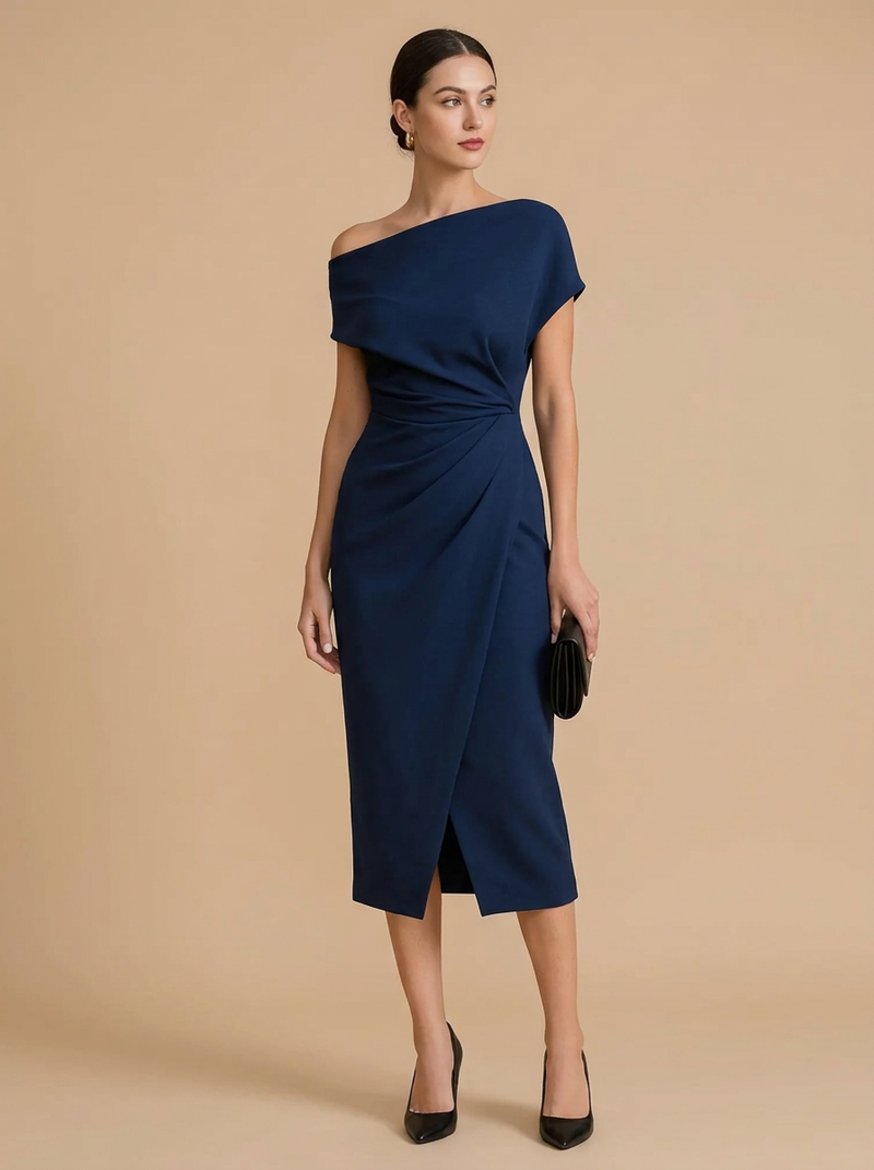 Vestido midi asimétrico · un hombro y drapeado